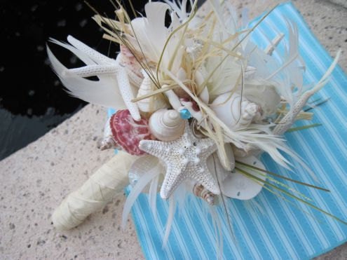 Go Natural Seashell Bouquet with Raw Silk and Lots of Sea Life - iDoArtsyWeddings