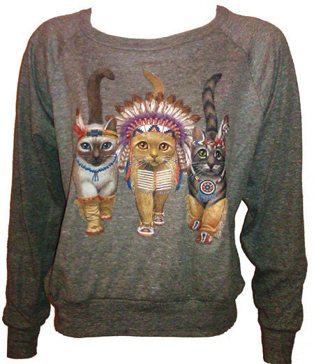 Three Native Kitty Cats Pullover Slouchy "Sweatshirt"  Top American Apparel Gray M