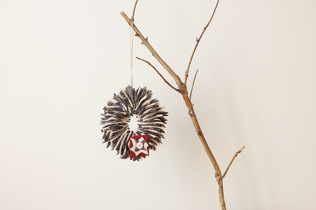 Upcycled Felt Scrap Mini Wreath Ornament in White, Quarry and Grey