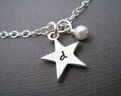 Custom Hand Stamped Jewelry - Personalized Sterling Silver Mommy Necklace.... Thick Initial Star Charm with Pearl