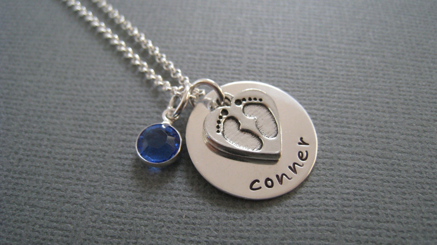 Hand Stamped Mommy Necklace - Personalized Sterling Silver Jewelry - Sweet Little Baby Feet with Swarovski Crystal Birthstone