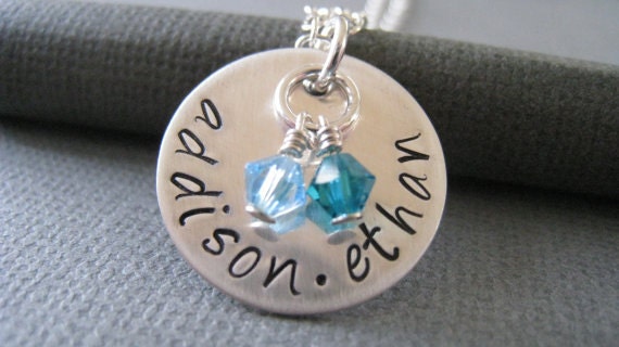 Personalized Jewelry - Hand Stamped Sterling Silver Mommy Necklace - Two Names with Swarovski Crystal Birthstones
