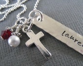 Hand Stamped Mommy Jewelry - Personalized Sterling Silver Necklace - Hammered Edge Tag with Cross