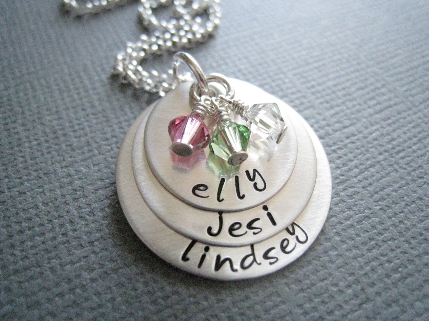 Hand Stamped Mommy Jewelry - Personalized Sterling Silver Necklace - Three Stacked Discs with Swarovski Crystal Birthstones