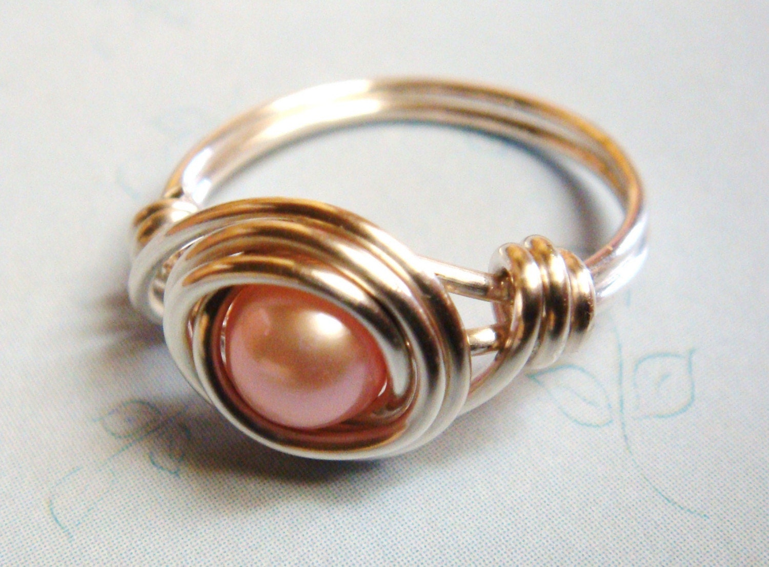 Pink Pearl Ring - Pink Freshwater Pearl Ring - Sterling Silver Ring -  Wire Wrapped Ring