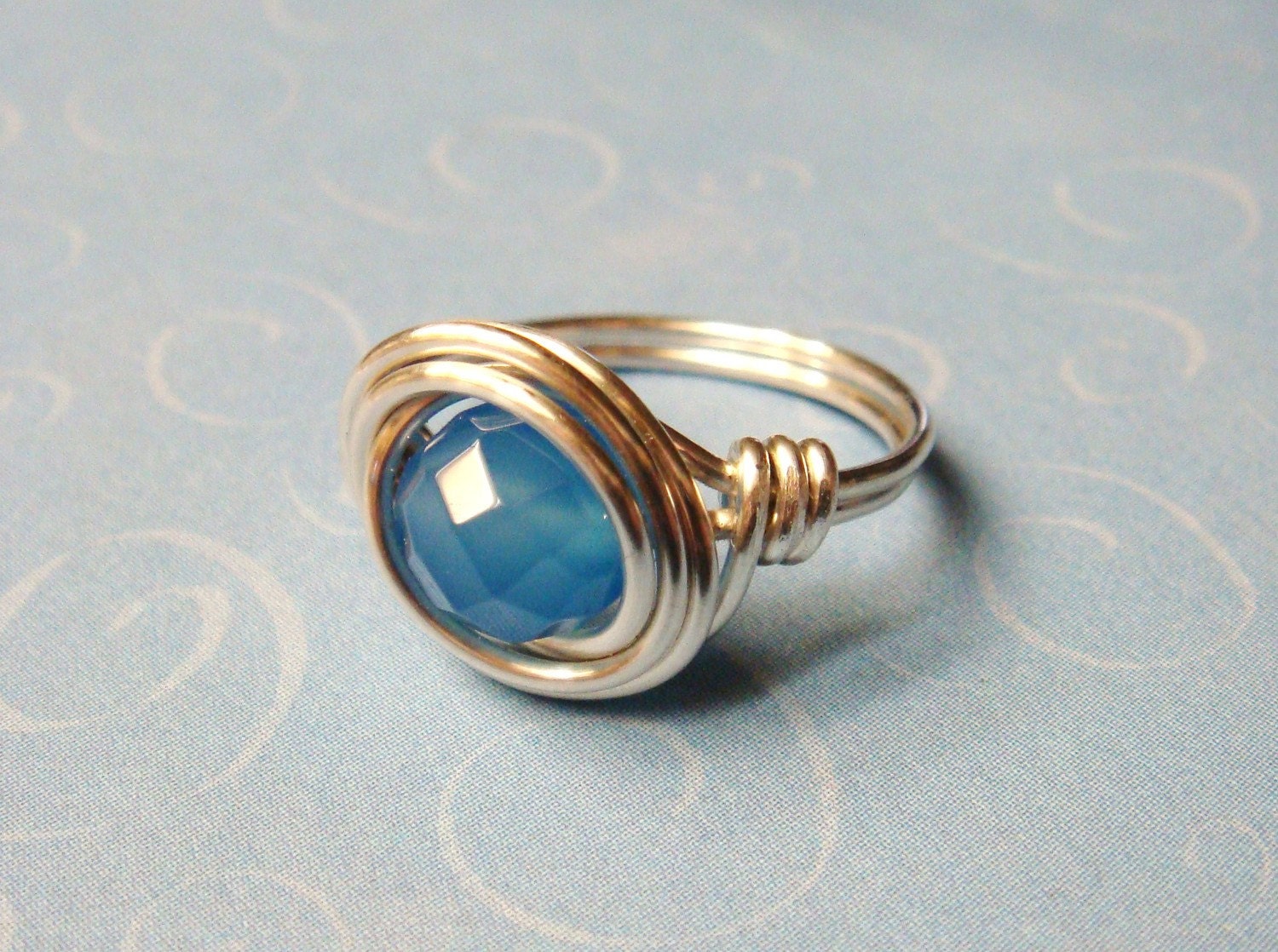 Chalcedony Ring - Blue Chalcedony Faceted Gemstone and Sterling Silver Wire Wrapped Ring