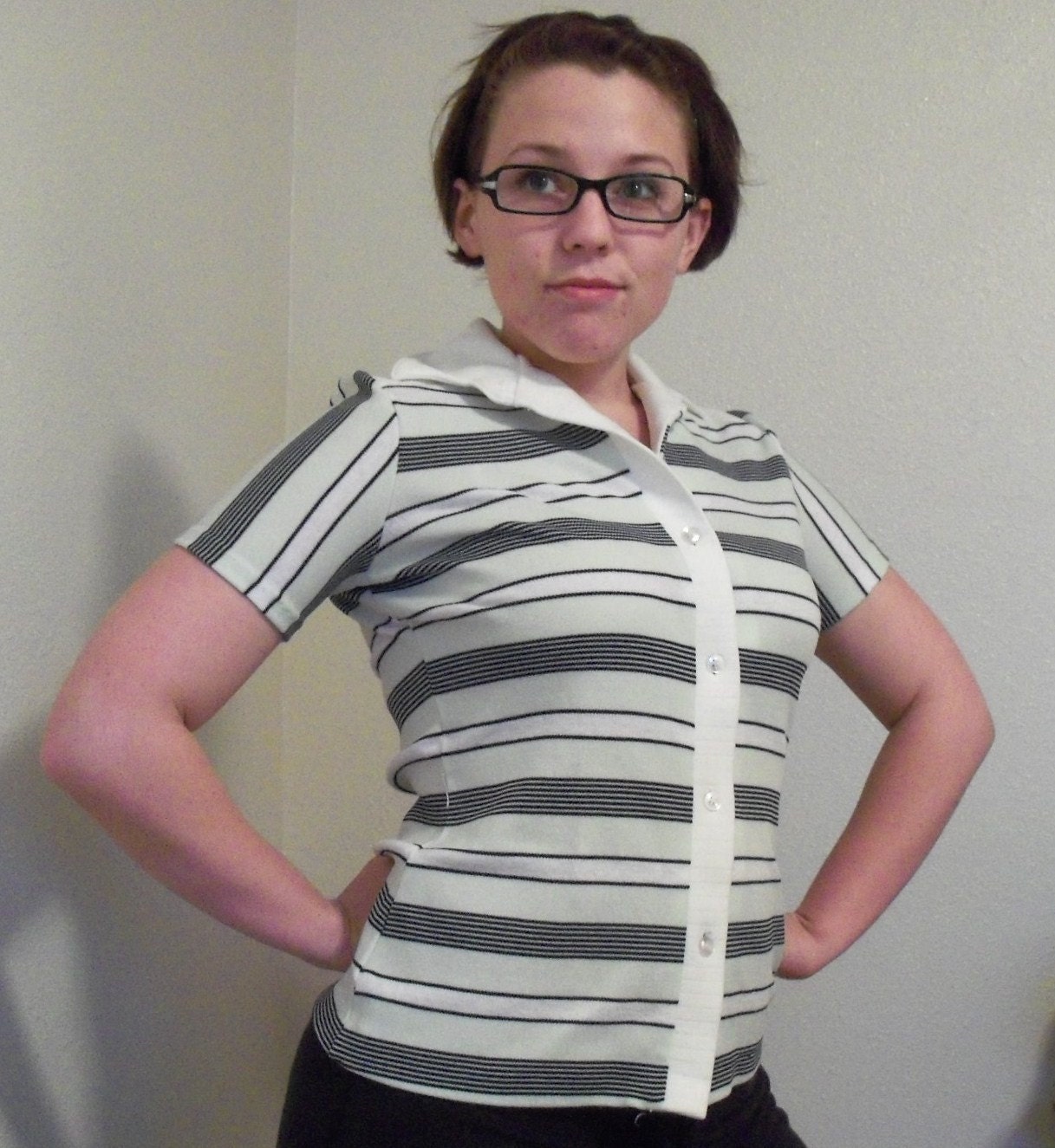 Vintage striped poly-knit button collared shirt