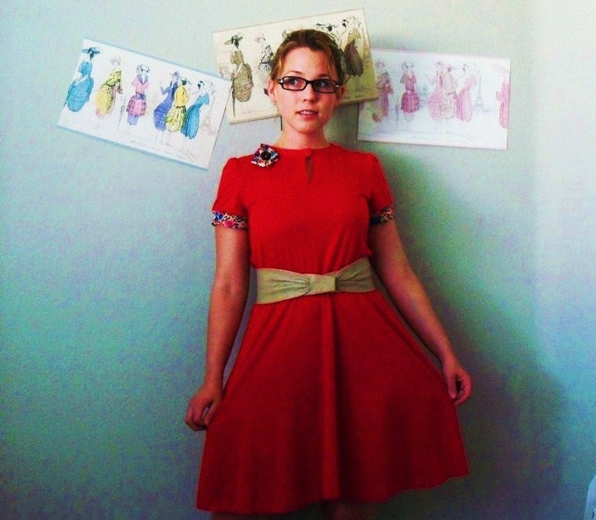 Vintage dress red reconstructed secretary bodice pleats Verity- Sale