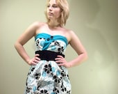 Strapless dress floral blue black white unique surplice- Sale