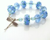Blue beaded bracelet - lampwork bracelet - spring bracelet - dragonfly bracelet