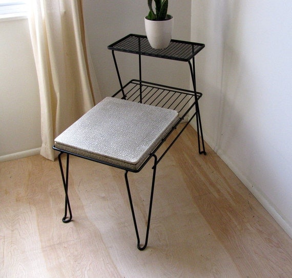Vintage Early Mid-Century Wrought Iron Hairpin Wire Mesh Bench