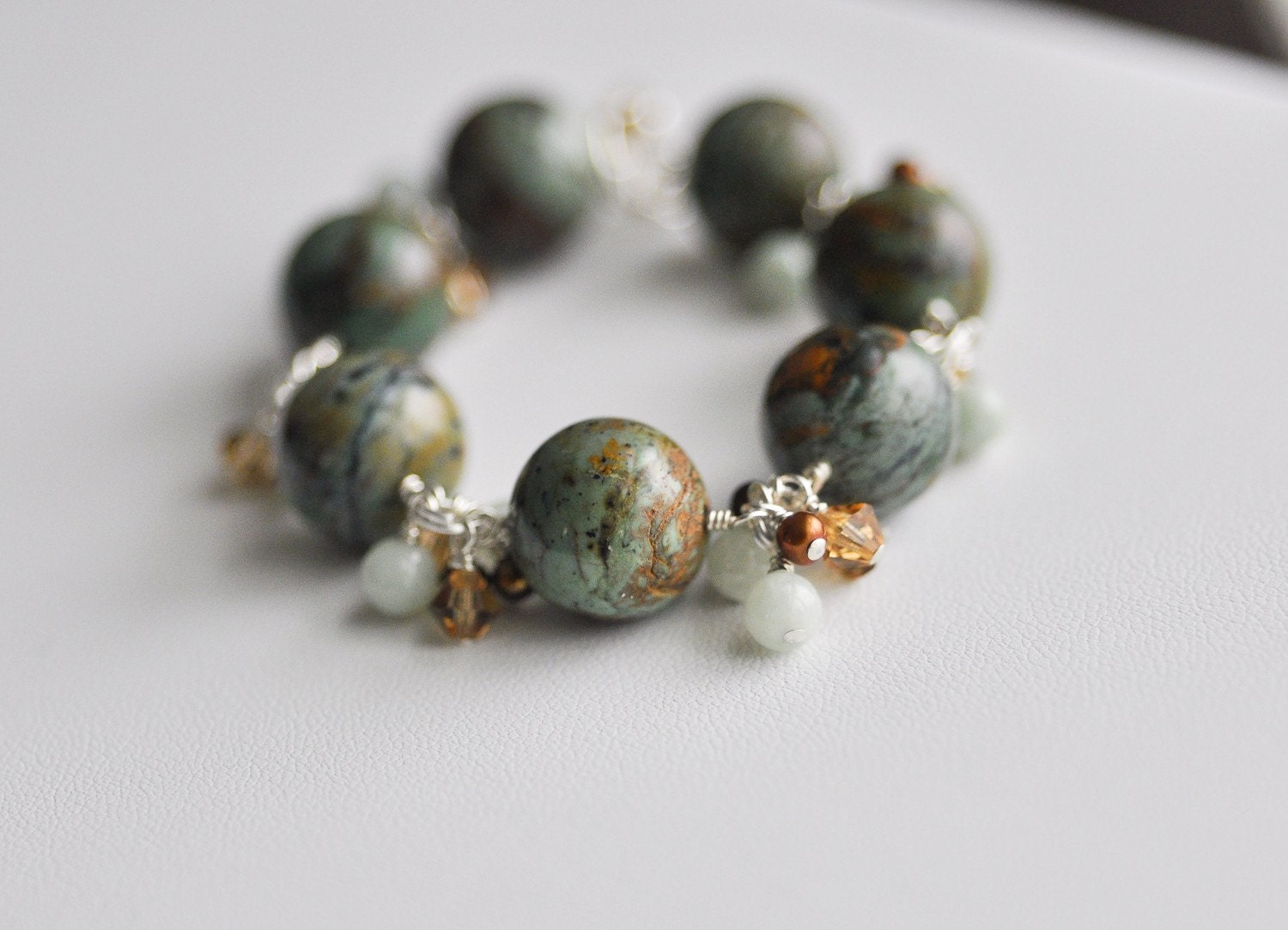 Green Opal Cluster Bracelet with Jade, Pearls, and Swarovski Crystals