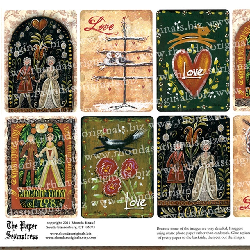 Digital Valentine ATC Download - Bride Wedding Anniversary Bird Animal Folk Art ACEO Collage Scrapbooking Clip Art CS15V