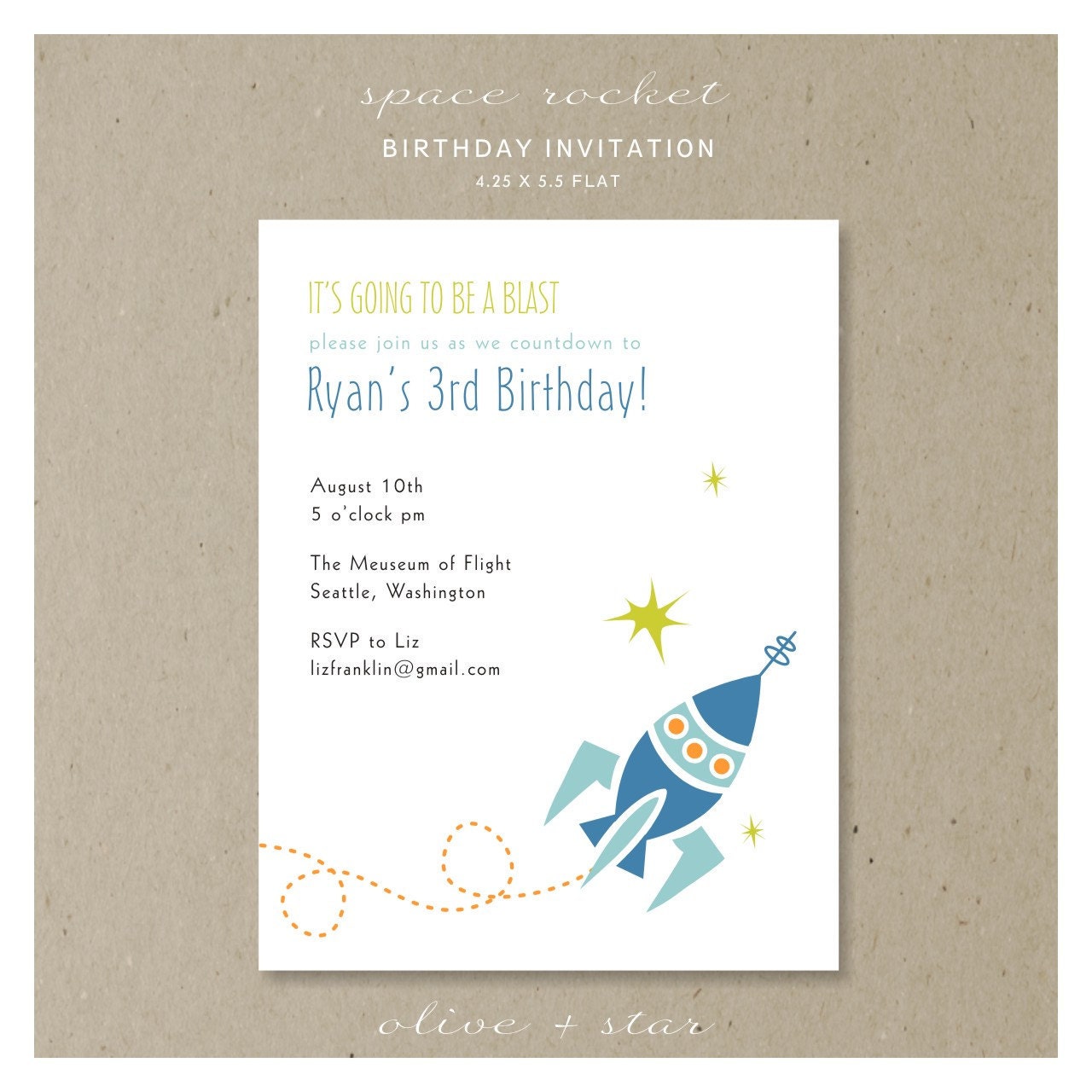 space rocket ship : birthday invitation set