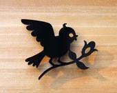 Laser Cut Acrylic Brooch Bird Bringing Flower - Black or Red or White