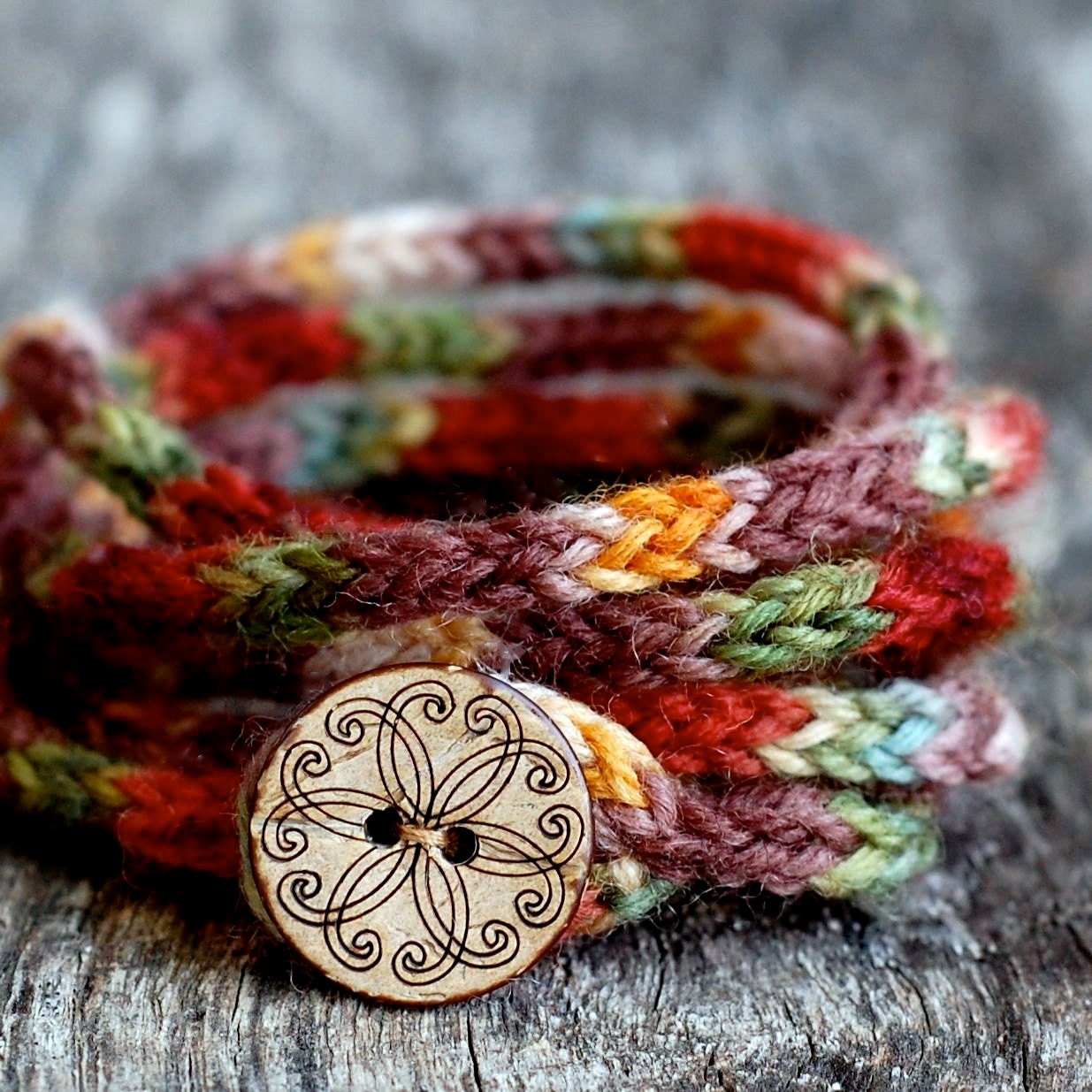 Rustic Mini I Cord Wrap Bracelet- 20" Length - Button Closure - Hand Dyed Wool Yarn --Reserved For Lily--