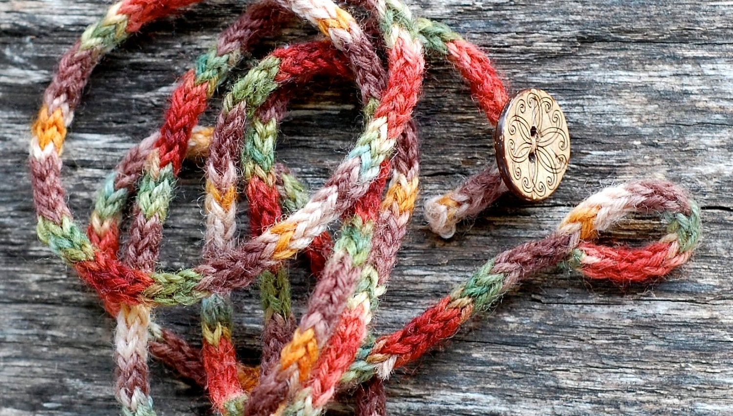 Rustic Mini I Cord Wrap Bracelet- 20" Length - Button Closure - Hand Dyed Wool Yarn --Reserved For Lily--