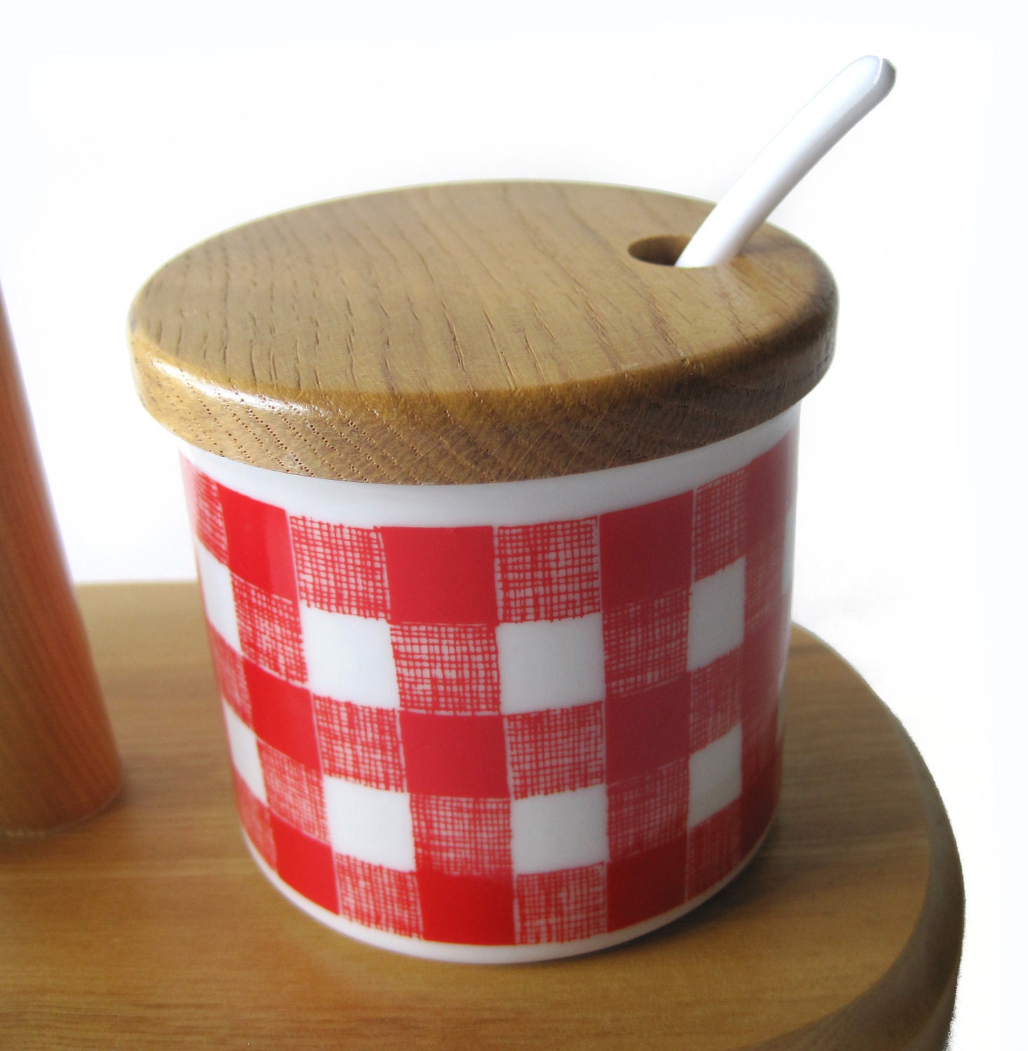 Vintage Condiment Set - Red Gingham and Wood