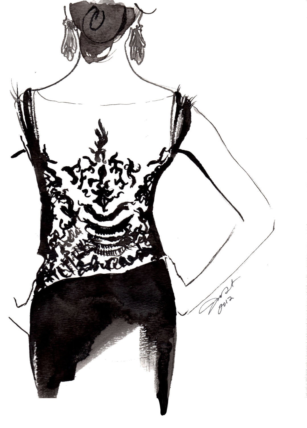 Sexy Back print version, Watercolor and India Ink Fashion Illustration by Jessica Durrant