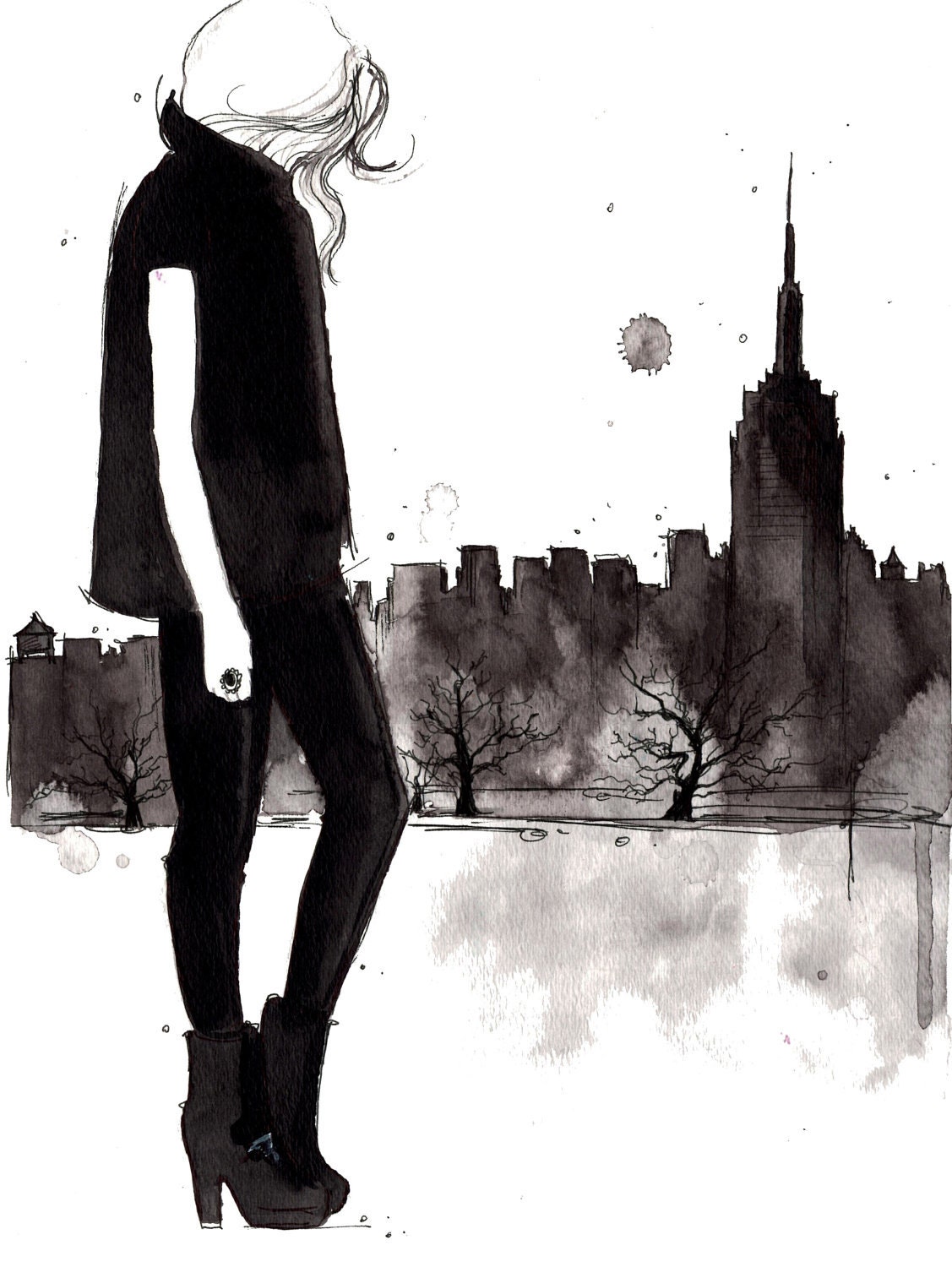 Print from original watercolor and fashion illustration, Doodles from my Sketchbook Series by Jessica Durrant, Empire State of Mind