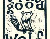 Tiny Good Wolf linoleum block print
