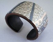 Handcrafted  Wide Cuff - Bronze and Green Stamped Bracelet No. 134