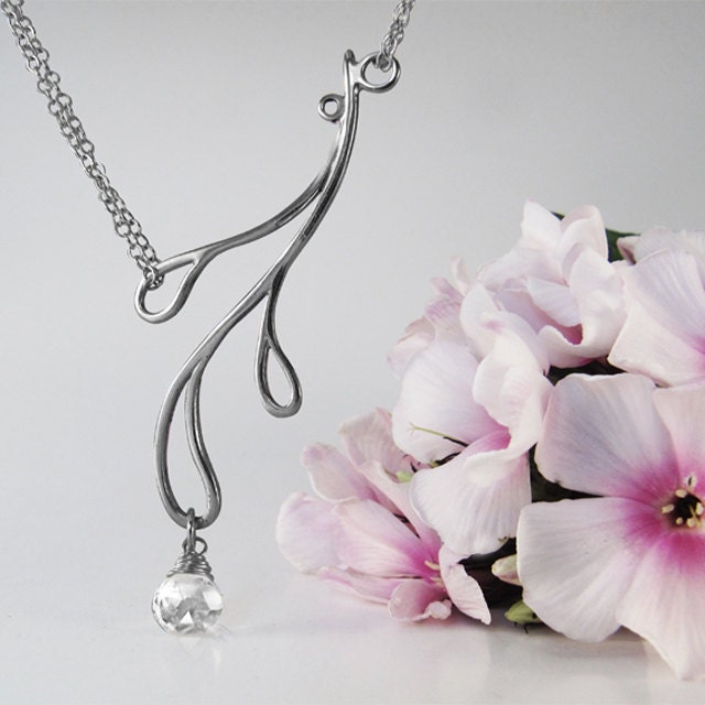 Teardrop Necklace, Sterling Silver, Handcrafted, White Crystal Gemstone, Japanese Garden, Elegant. HAMA RIKYU NECKLACE with White Topaz.