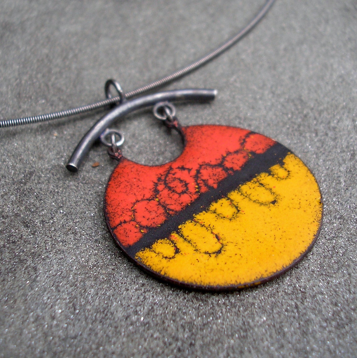 Enamel Pendant-Tangerine Orange, Tomato Red, Black Modern Abstract Sgraffito