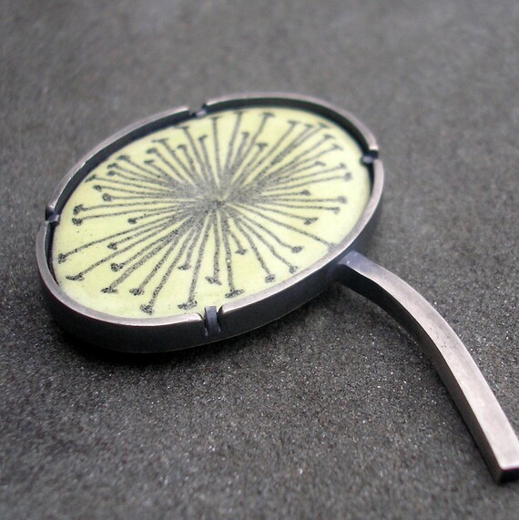 Dandelion Seed Brooch.  Pale Yellow and Grey Enamel with Sterling Silver