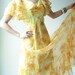 Vintage 60's CITRUS SUNSHINE Floral Ruffle Chiffon Flowy Long Party Gown Maxi Dress
