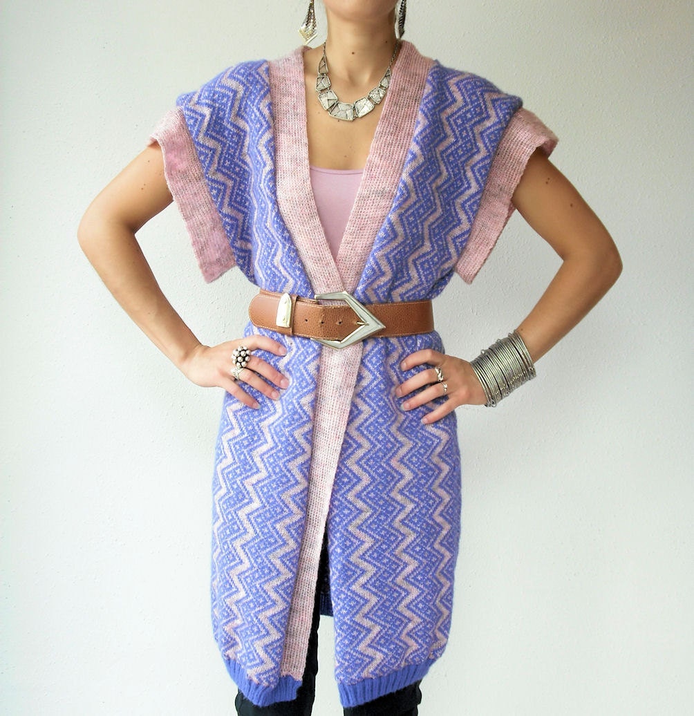 Vintage 70's Lavender and Blush Pink Draped Knit Zig Zag Cardigan Gilet Sweater Jacket