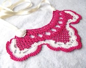 So Elegant  Hand Crocheted Lace Bib Style Necklace in  Fuchsia and Light Ivory