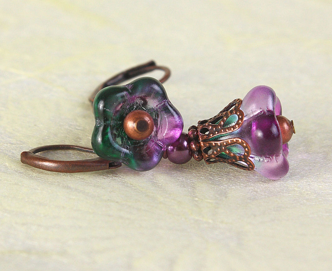 Mauve green glass trumpet bell flower and antique copper earrings (417) - Flat rate shipping