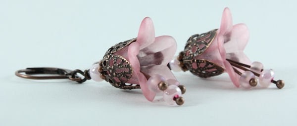 Pale pink lily flower and antique copper leverback earrings (164) - Flat rate shipping