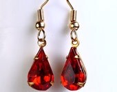 Vintage siam red faceted glass teardrop dangle earrings READY to ship (402) - Flat rate shipping