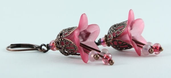 Pink lily flower and antique copper leverback earrings (162) - Flat rate shipping