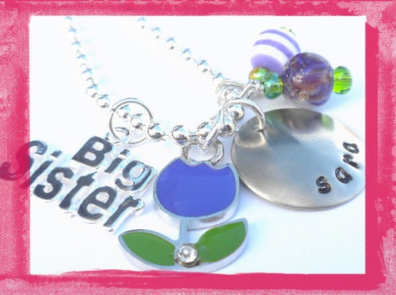 Big Sister Necklace - Hand Stamped Charm Necklace  -Purple Tulips