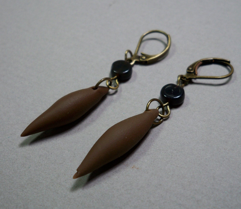 Cocoa Brown Polymer Clay Spike and Glass Bead Earrings