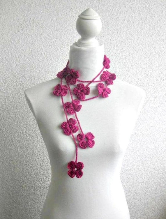 Crochet Lariat,  Scarf, Flower Laria,t Scarf Long Necklace Holiday Accessories, Magenta, Pink,   Harvest, Spring, Summer,