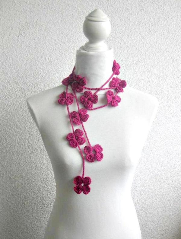Crochet Lariat,  Scarf, Flower Laria,t Scarf Long Necklace Holiday Accessories, Magenta, Pink,   Harvest, Spring, Summer,
