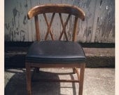 Vintage Mid Century Blond Wood & Black Double Cross Vinyl Wide Seat Solo Chair