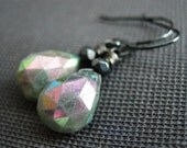 SALE Aquamarine Earrings, Rainbow Mystic Aquamarine March Birthstone and Oxidized Stelring Silver. Horizon.