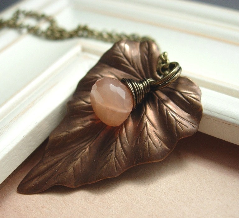 SALE Antique Brass Leaf Necklace, Vintaj Antique Brass Leaf Pendant and Wire Wrapped Faceted Peach Moonstone Briolette.  Maple.