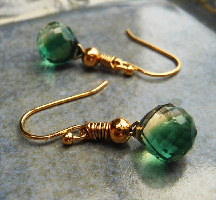 SALE Lemon Lime Quartz Earrings, Bi-Color Green and Yellow Faceted Onion Briolettes and Gold.  Sprite.
