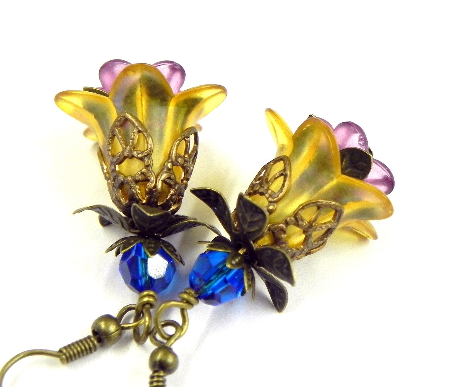 20% off Spring Sale - Lucite Flower Earrings -  Yellow, Amethyst  and Blue Tulip beads