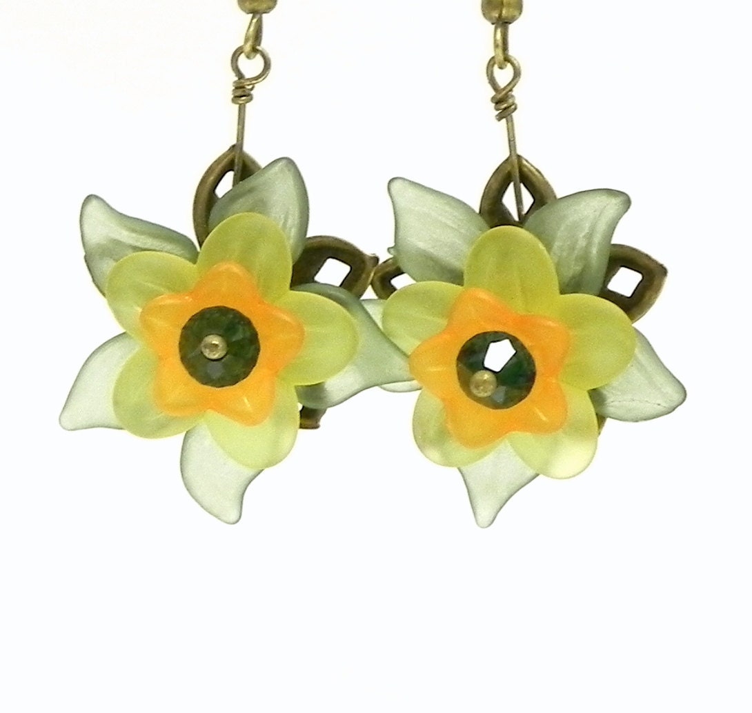 20% off Spring Sale - Lucite Flower earrings - Green, orange and yellow