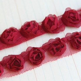 Organza Dark Red Rose Trim 1 yard