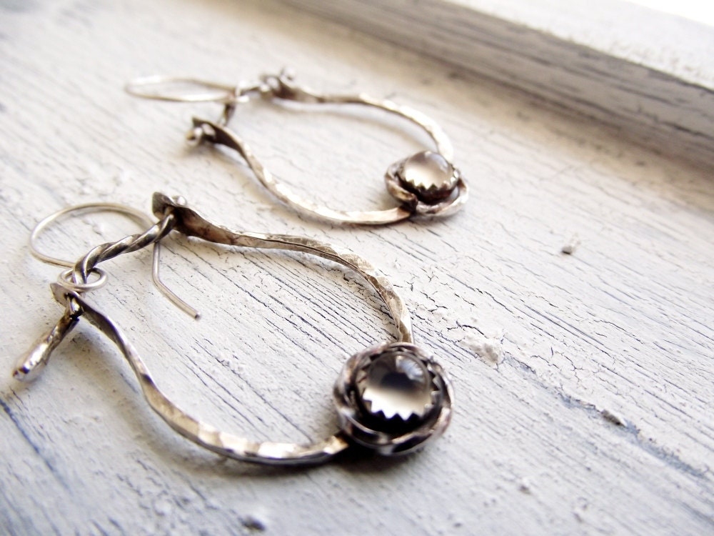 White Moonstone Earrings Sterling Silver Horseshoe Hoop Dangles