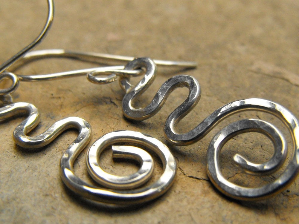 Sterling Dangle Earrings Swirled Forged Aztec Drops