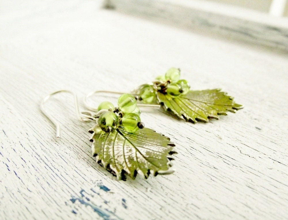 Fine Silver Peridot Earrings Slippery Elm Leaf Metal Clay